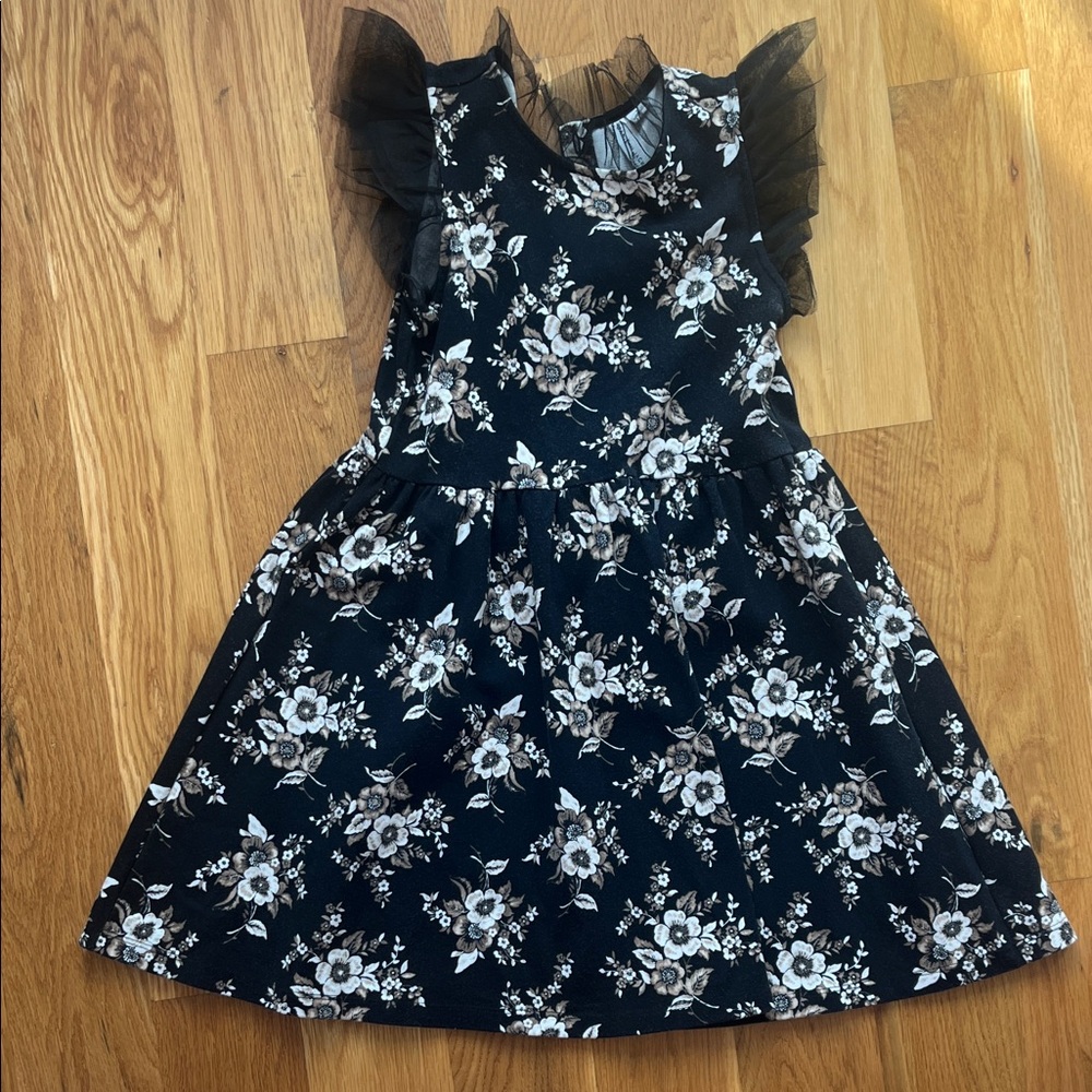 Janie and Jack Black Floral Dress with Ruffle Sleeves